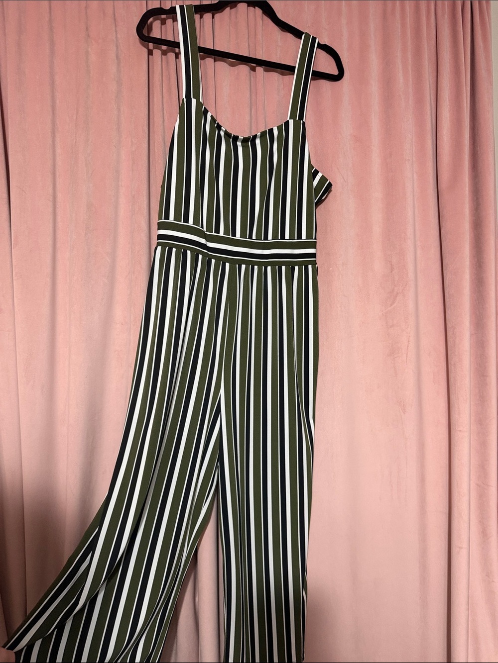 Express Olive, Black & White Striped Wide-Leg Jumpsuit